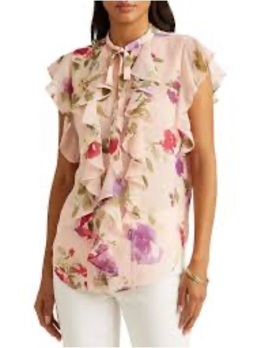Ralph  Lauren pink Floral Ruffle Tie-Neck Blouse